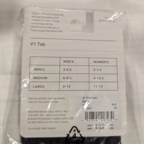 NWT Vuori V1 Tab Sock No Show Performance Sock (Black, Women's Medium) - Picture 6 of 8